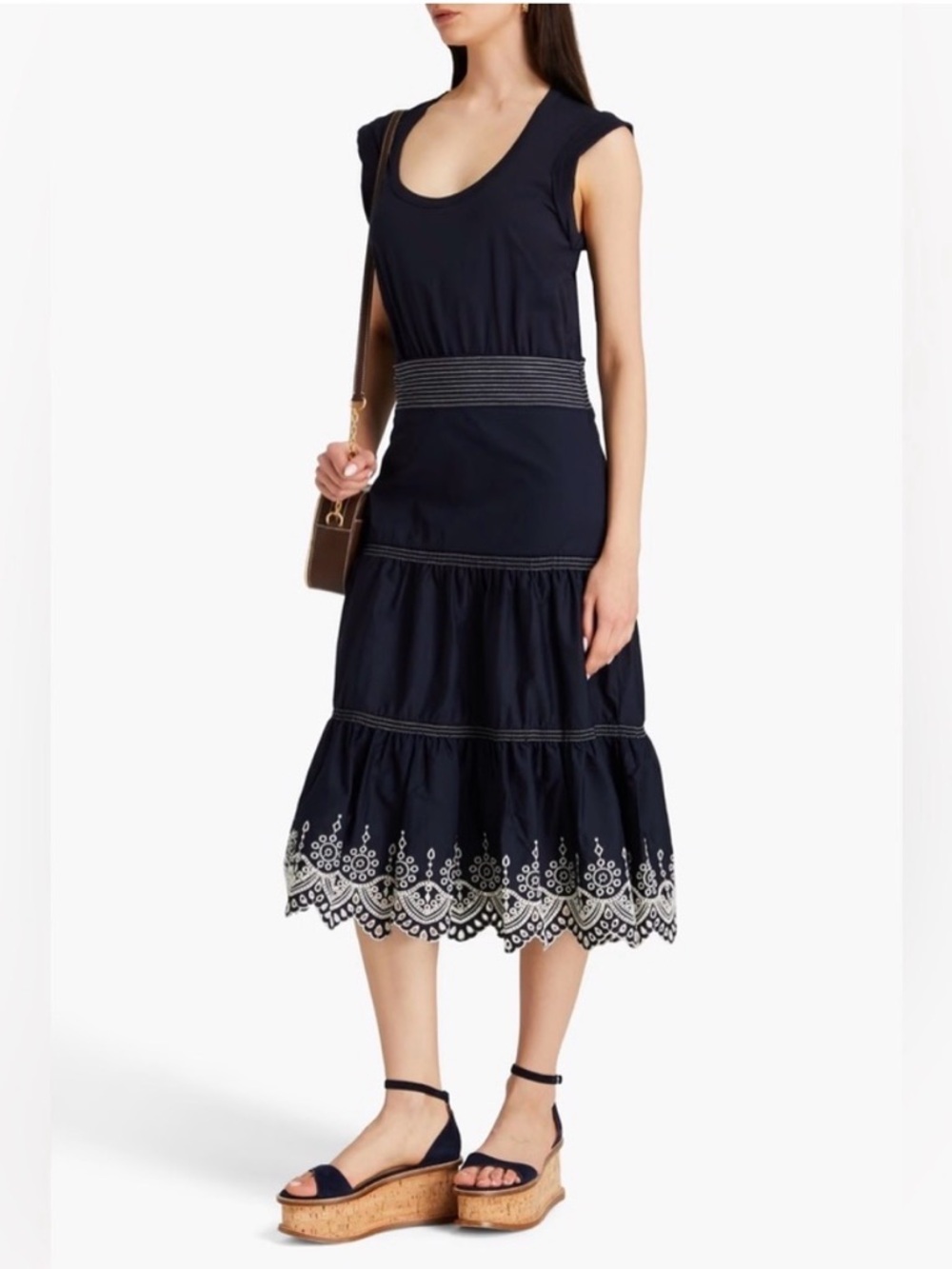 Veronica Beard Navy Blue & White Eyelet Sleeveless Amaia Midi Dress | S - Picture 2 of 7
